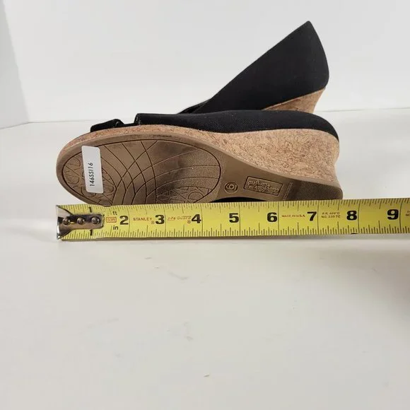 DexFlex Comfort Black Canvas Cork Wedge Peep Heels Shoes Women Size 6 - Picture 6 of 11